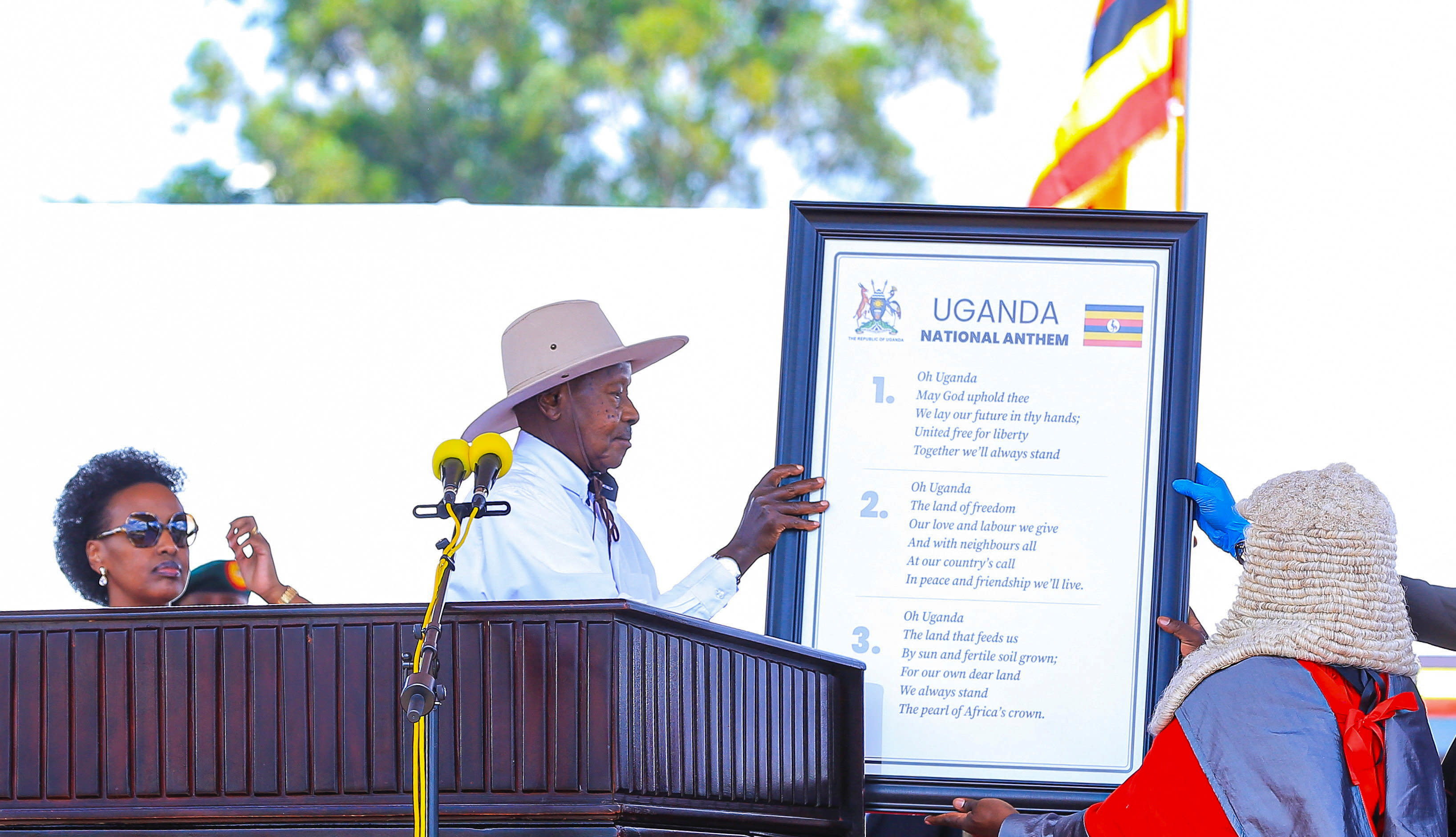 Uganda's President and leader of the ruling National Resistance Movement (NRM) party, Yoweri Museveni, receives Instruments of Power as he is sworn in after being declared the winner of the country's presidential election, extending his decades-long rule, in Kampala, Uganda, May 12, 2026.