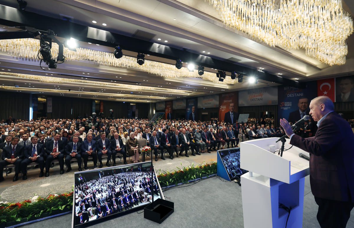 Turkish President Recep Tayyip Erdogan addresses a party conference, June 27, 2026.