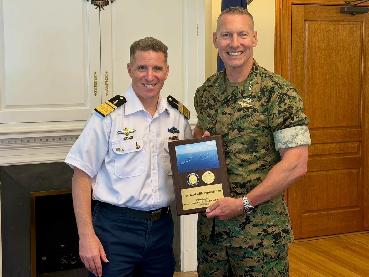 Israel Navy Deputy Chief R.-Adm. Guy Levy (L) meets with Superintendent of the Naval Academy in Annapolis, Maryland, Marine Corps Lt.-Gen. Michael J. Borgschulte (R), published July 13, 2026.