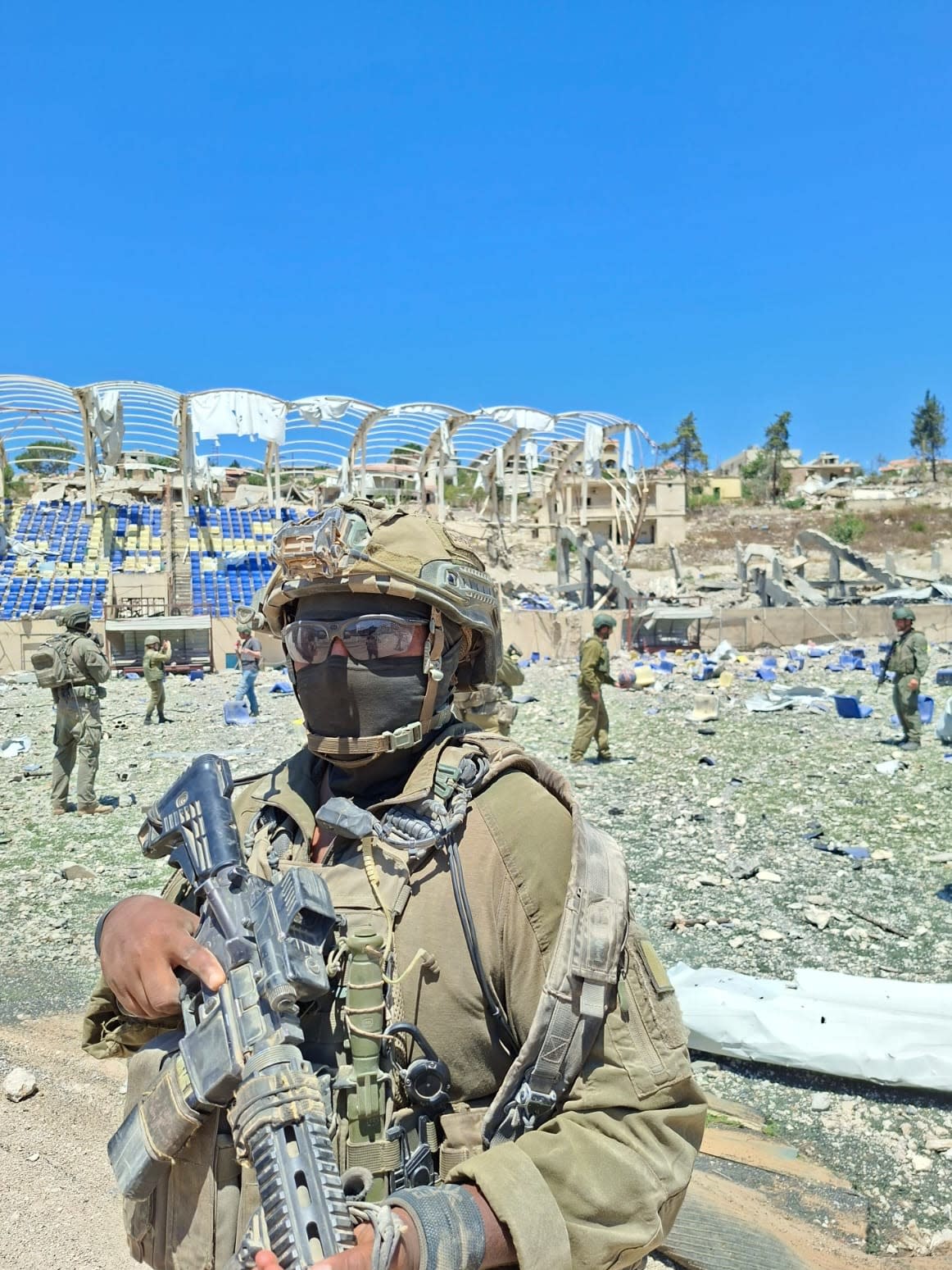 An IDF soldier stands in the Bint Jbail stadium, southern Lebanon, July 15, 2026.
