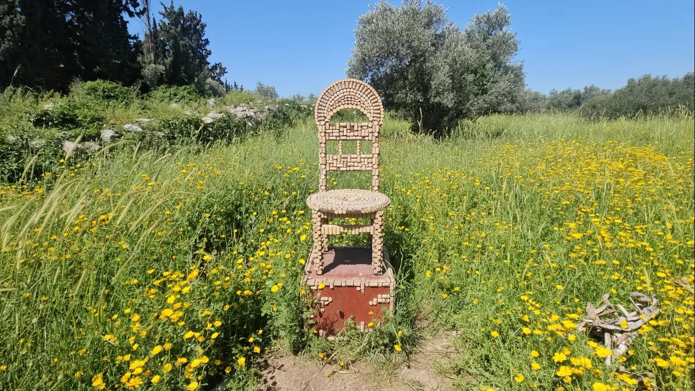 A chair made of cork stoppers. One of the sculptures in the Art Among the Cypresses exhibition, Cypress Hill.