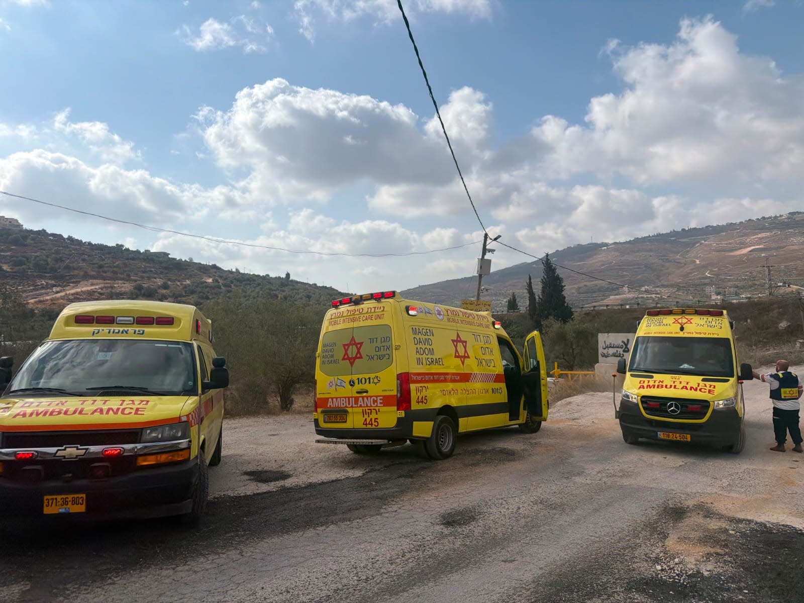 Magen David Adom paramedics respond to a shooting near Gilad Farm, West Bank, July 24, 2026.