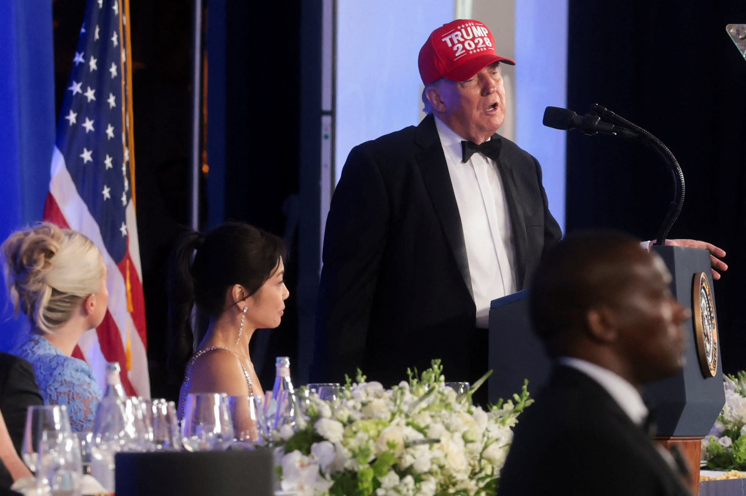US President Donald Trump wears a ''Trump 2028'' cap as he delivers remarks at the White House Correspondents' Association (WHCA) Dinner at the Waldorf Astoria hotel in Washington, DC, US, July 24, 2026.
