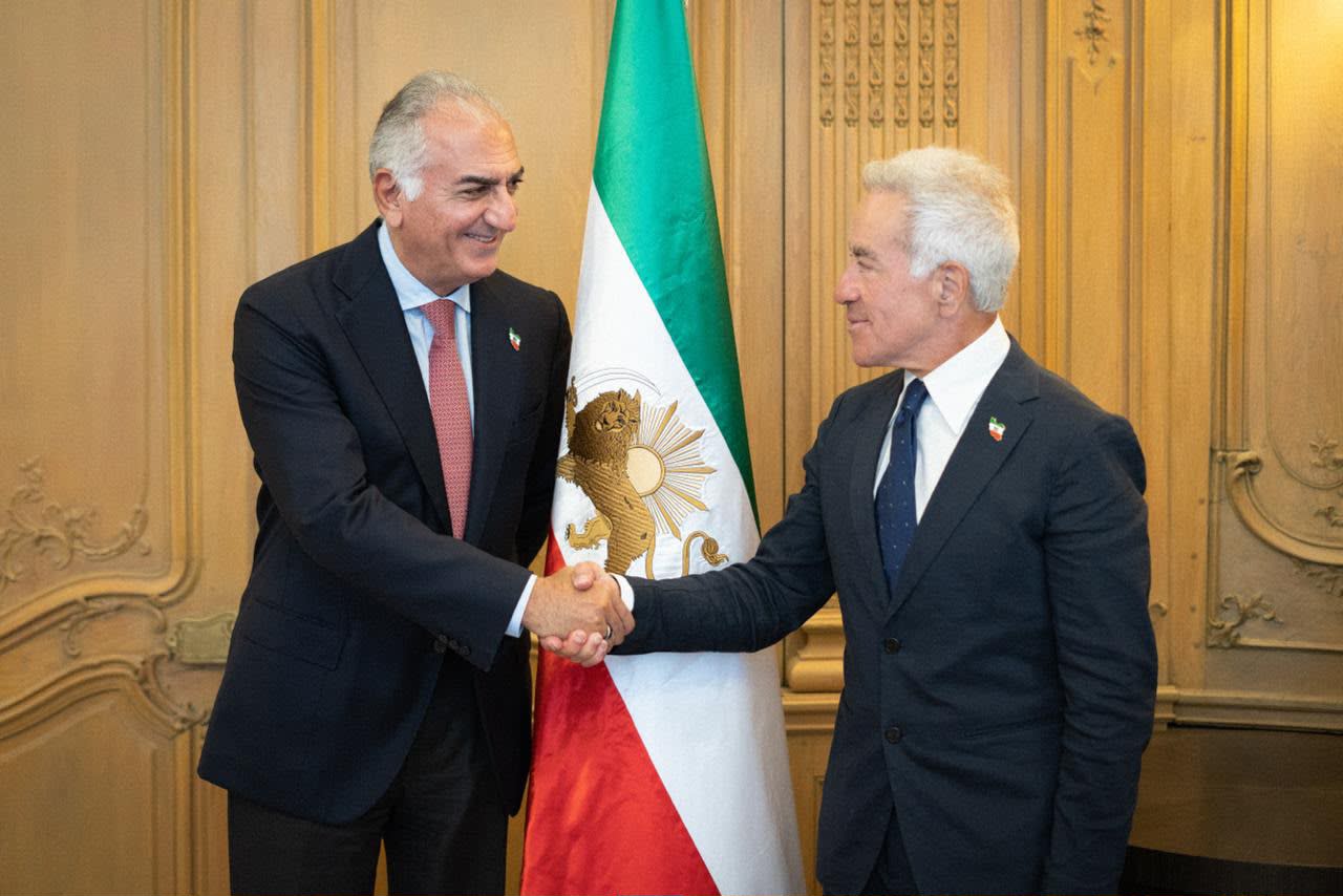 Iranian Crown Prince Reza Pahlavi (L) meets World Jewish Congress President Sylvan Adams in Paris, France, July 26, 2026.