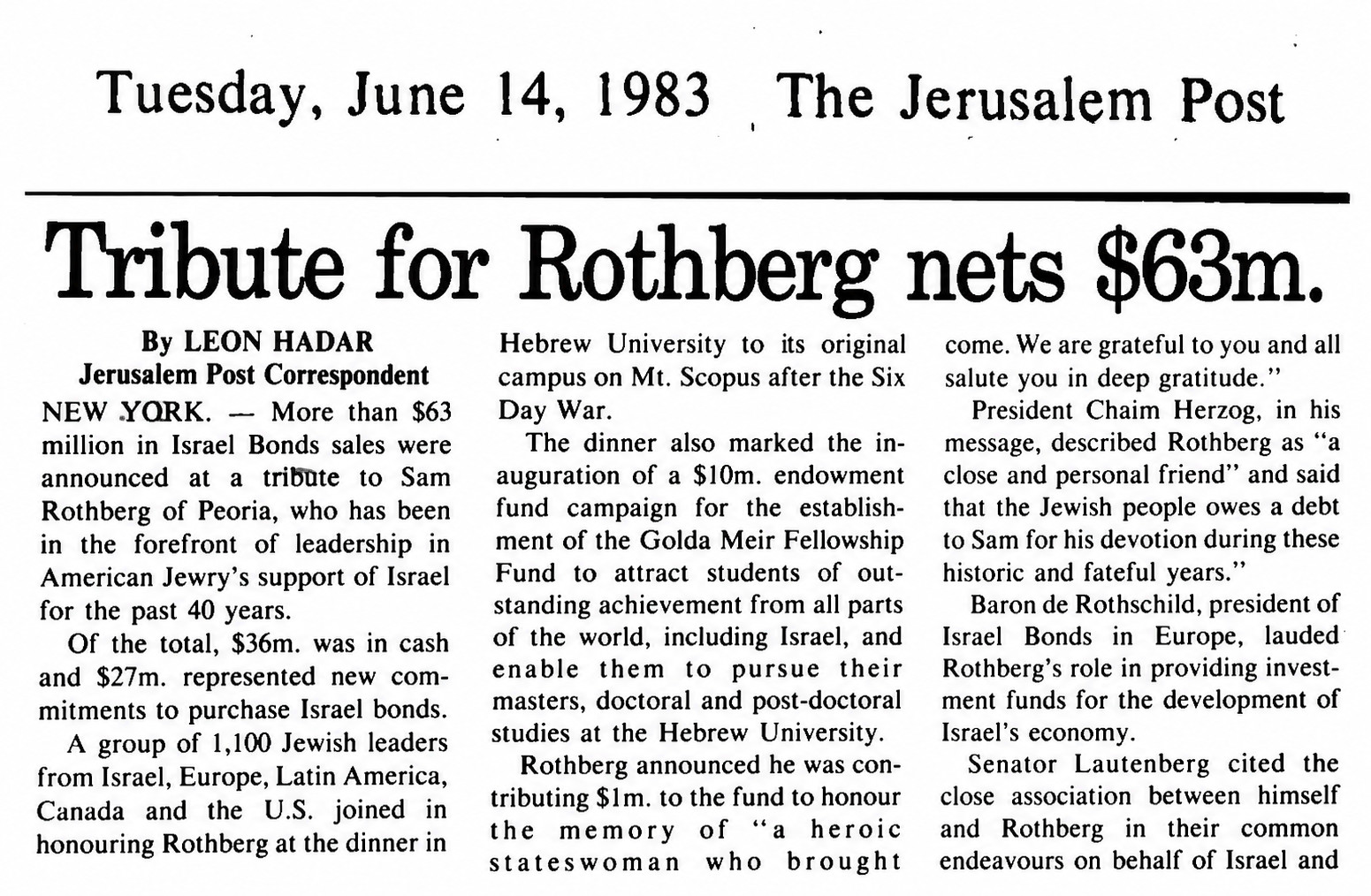 Excerpt from Jerusalem Post, June 14, 1983