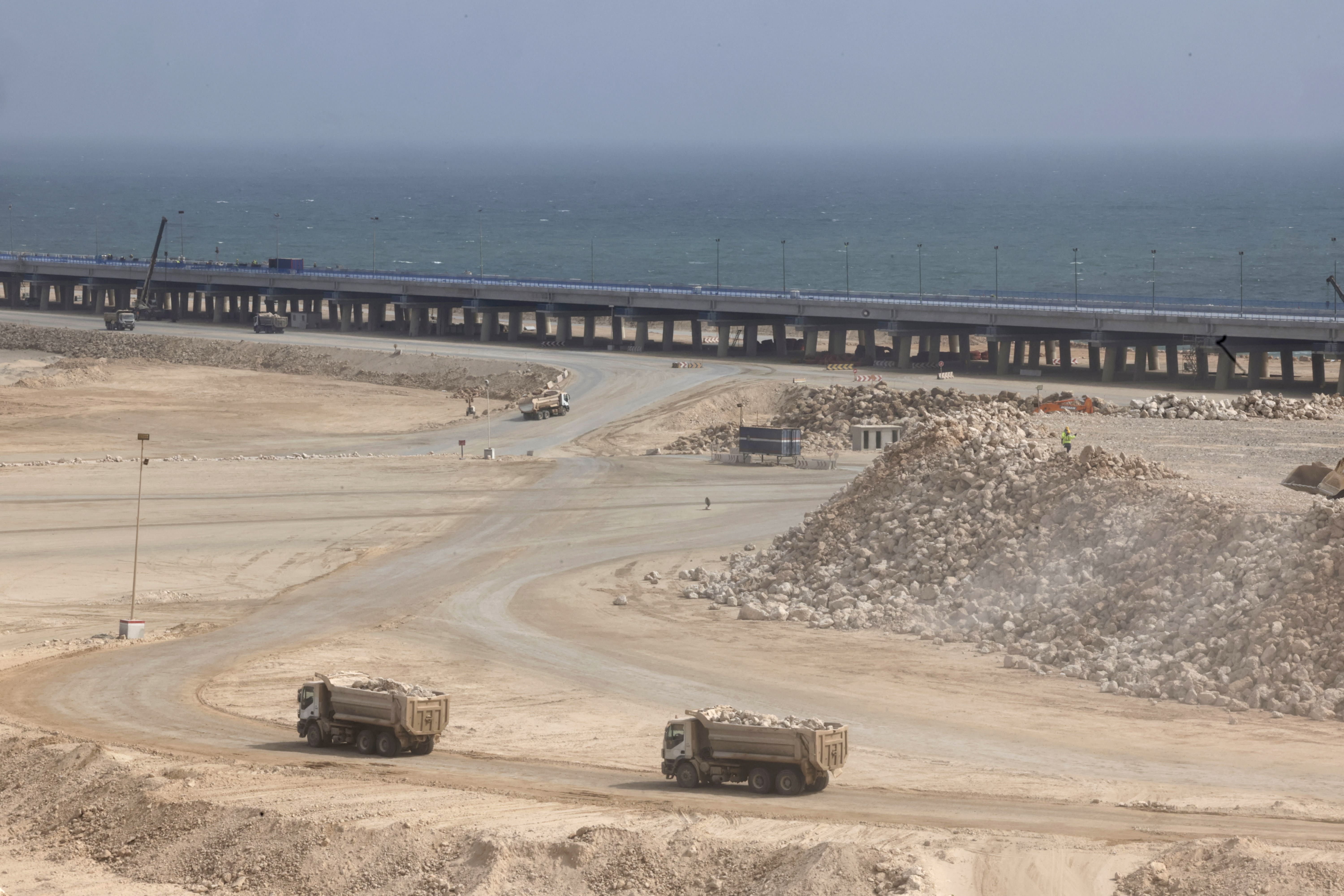 Work takes place during the construction of the Dakhla Atlantic Port, located 40 km north of the city of Dakhla, in an area under the jurisdiction of the rural commune of El-Argoub in Dakhla in the disputed Western Sahara, mostly controlled by Morocco, on May 26, 2025.
