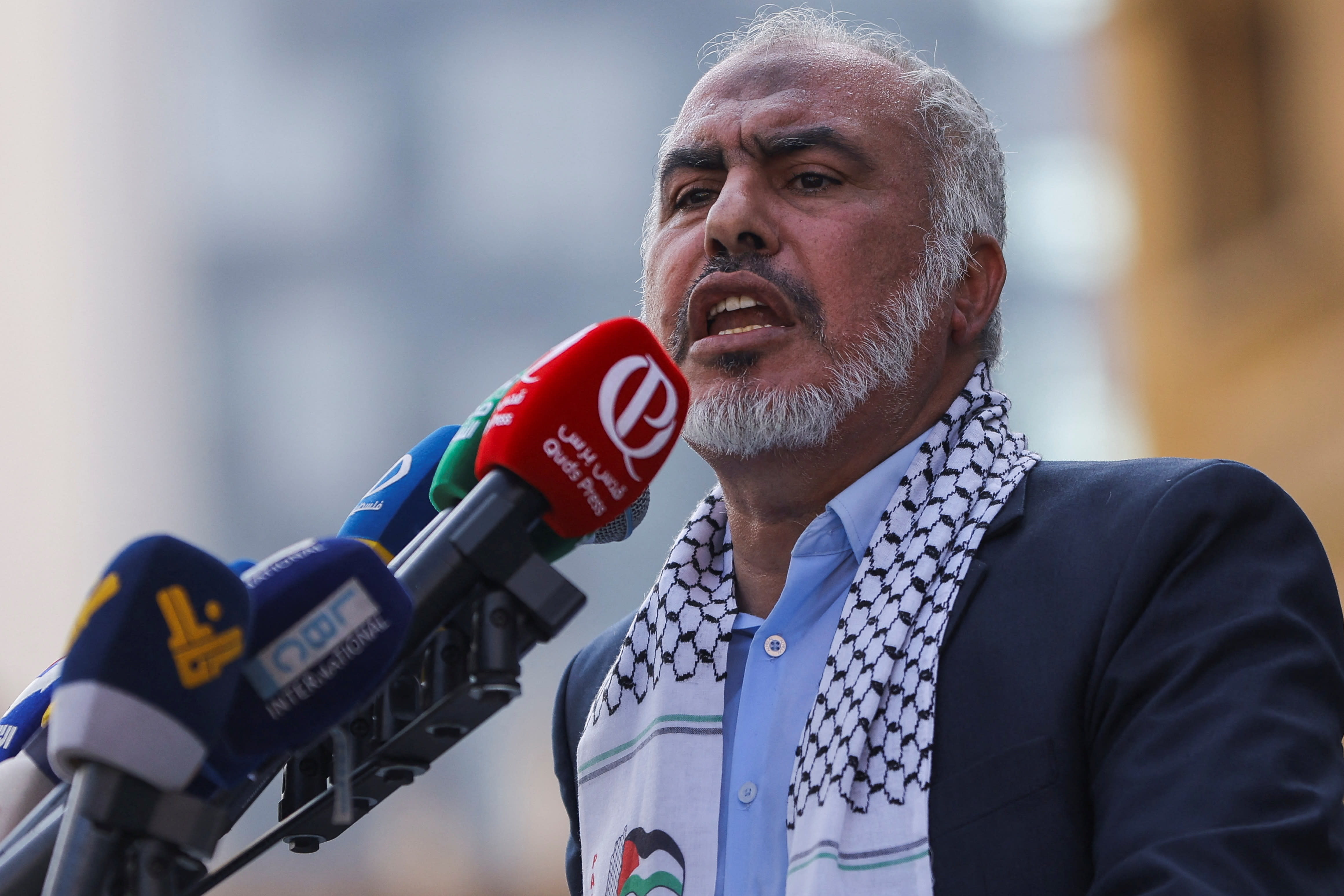Ghazi Hamad, member of Hamas Political Office, speaks during a protest in solidarity with Palestinians in Gaza, amid the ongoing conflict between Israel and Hamas, in Beirut, Lebanon, October 29, 2023; illustrative.