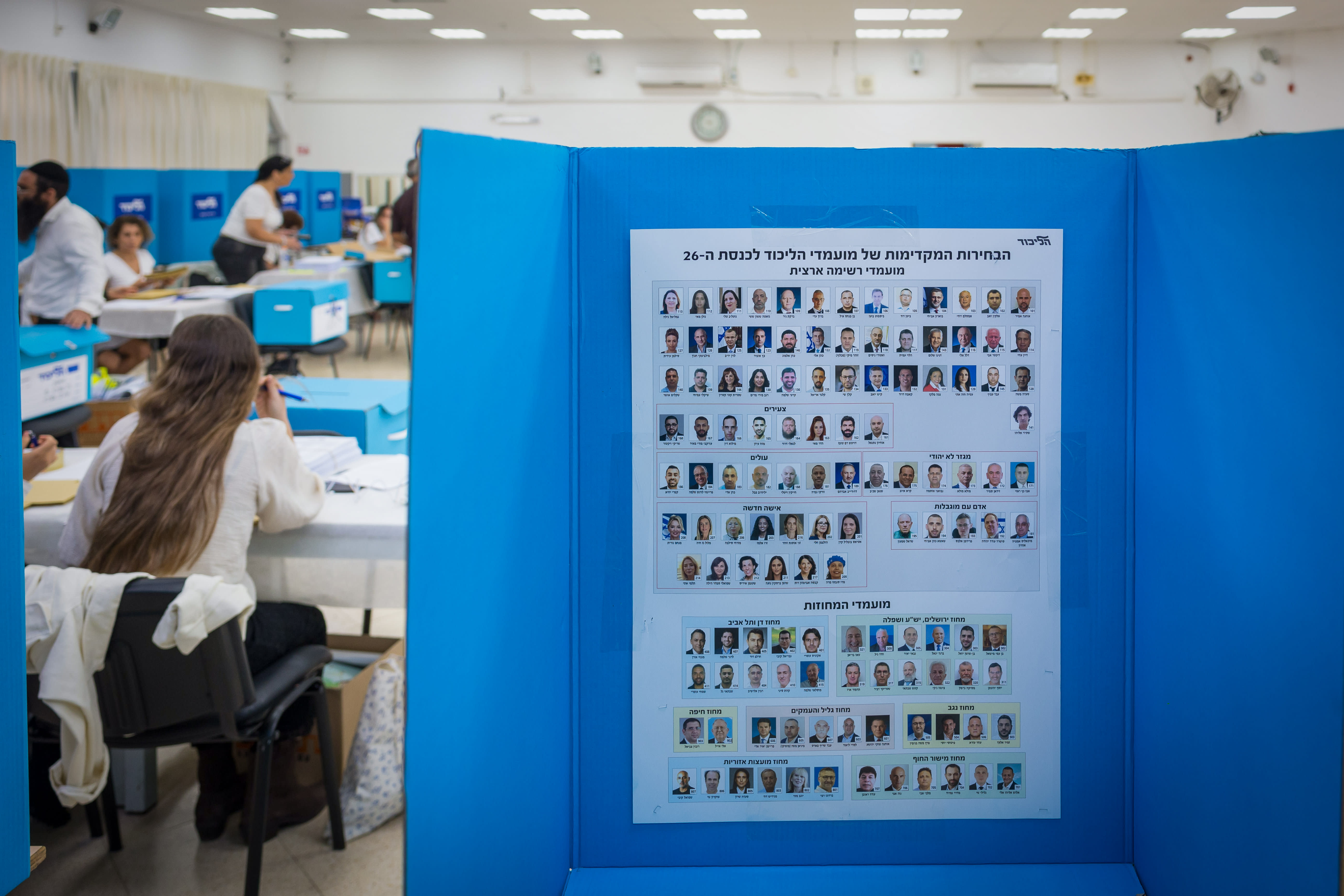 A voting booth at the Likud primaries in Ashdod, showing the party members running and the corresponding numbers to vote for each one, August 17, 2026.