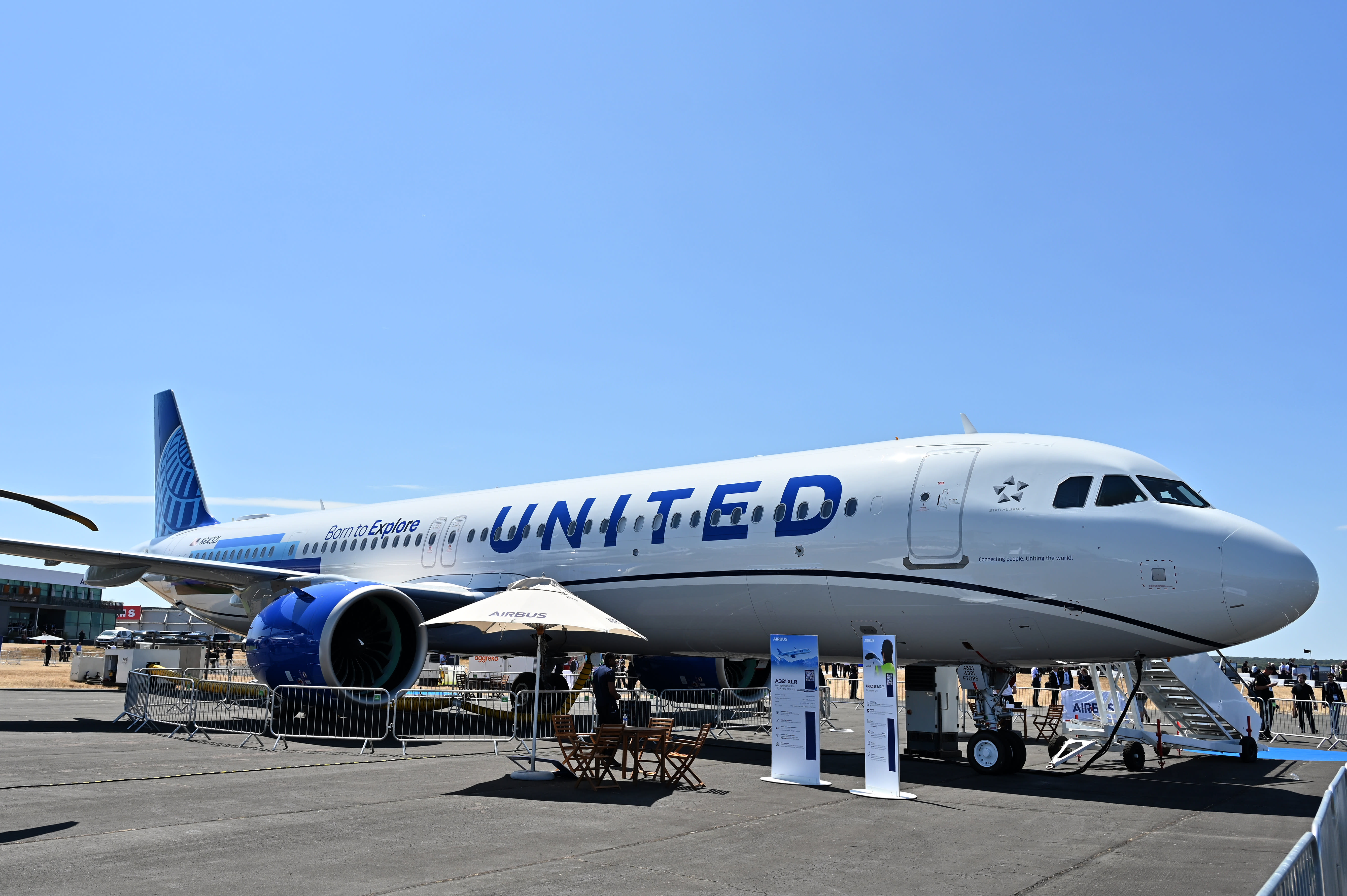 A United Airlines Airbus A321XLR is displayed during the Farnborough International Air Show 2026 at Farnborough International Exhibition Centre on July 20, 2026 in Farnborough, UK; illustrative.