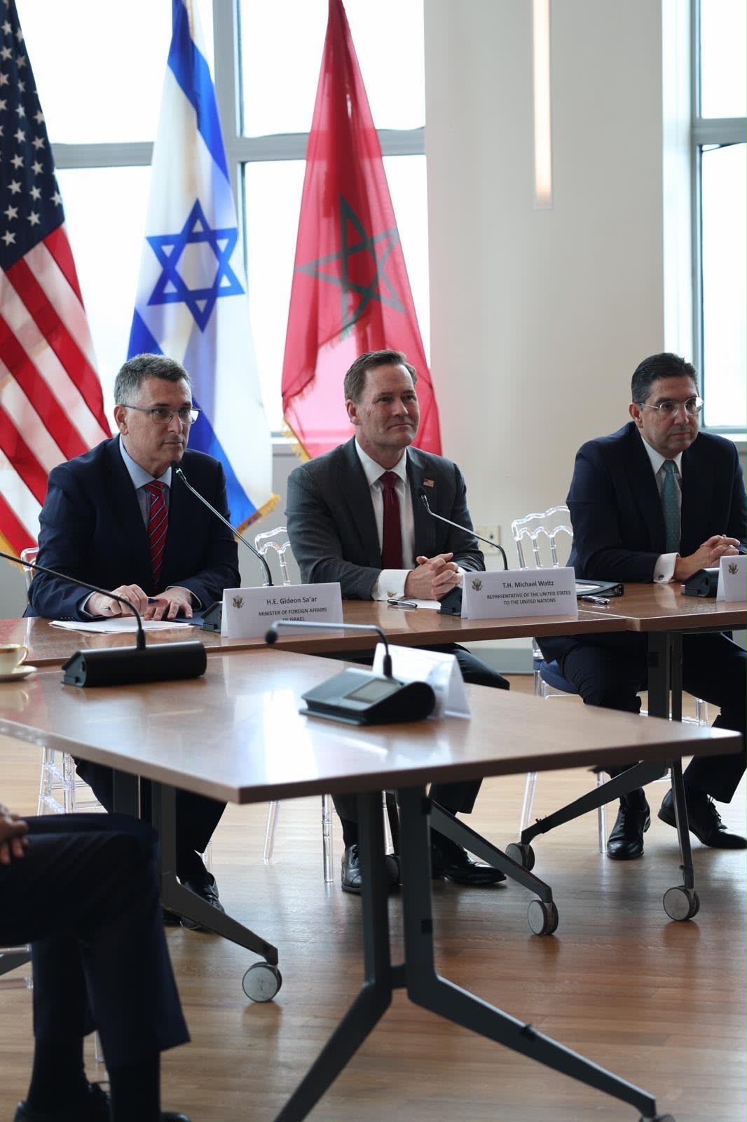 From left: Israeli FM Gideon Sa'ar, US amb. to UN Mike Waltz, and Moroccan FM Nasser Bourita meet to discuss the upgrade of diplomatic relations between Morocco and Israel on September 16, 2026.