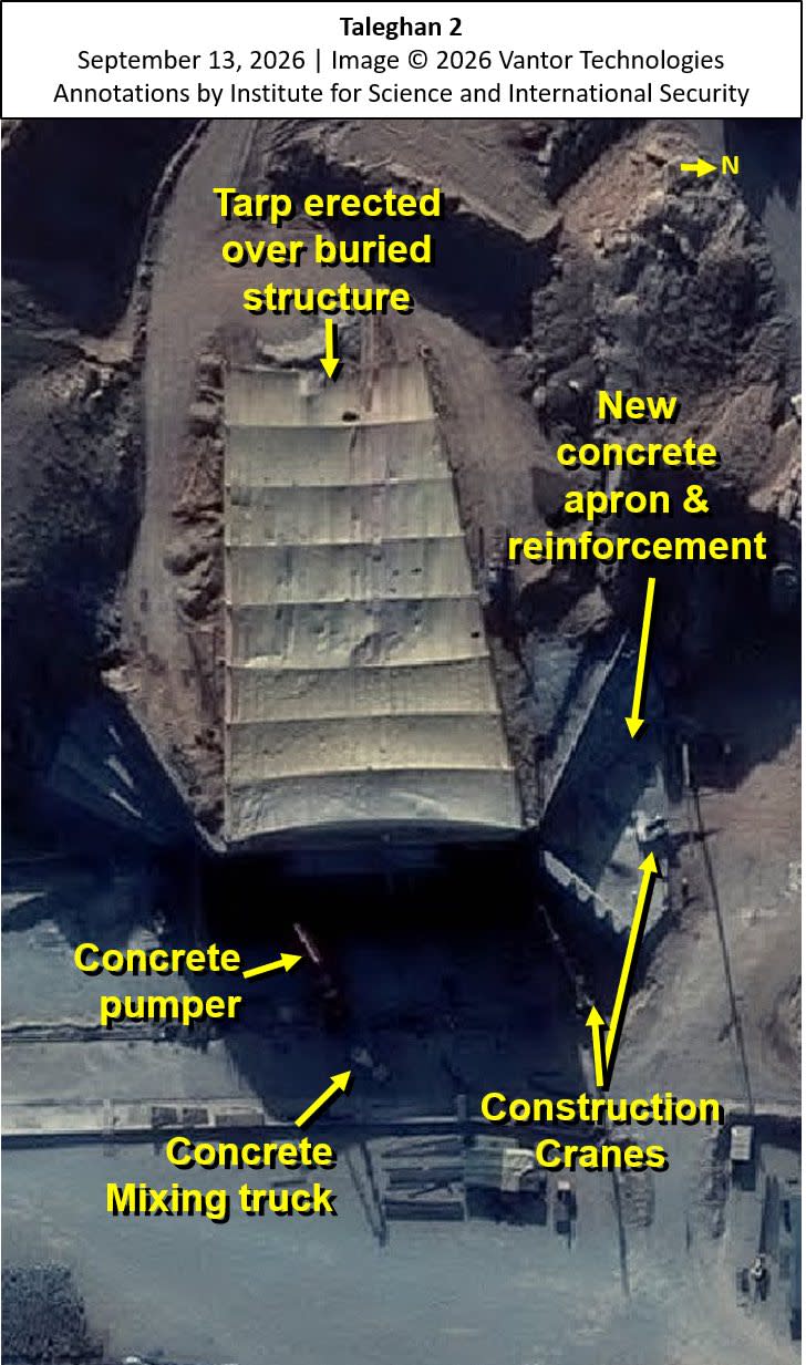 Satellite imagery showing Iran rebuilding the Taleghan 2 nuclear bomb testing facility southeast of Tehran, September 2026.