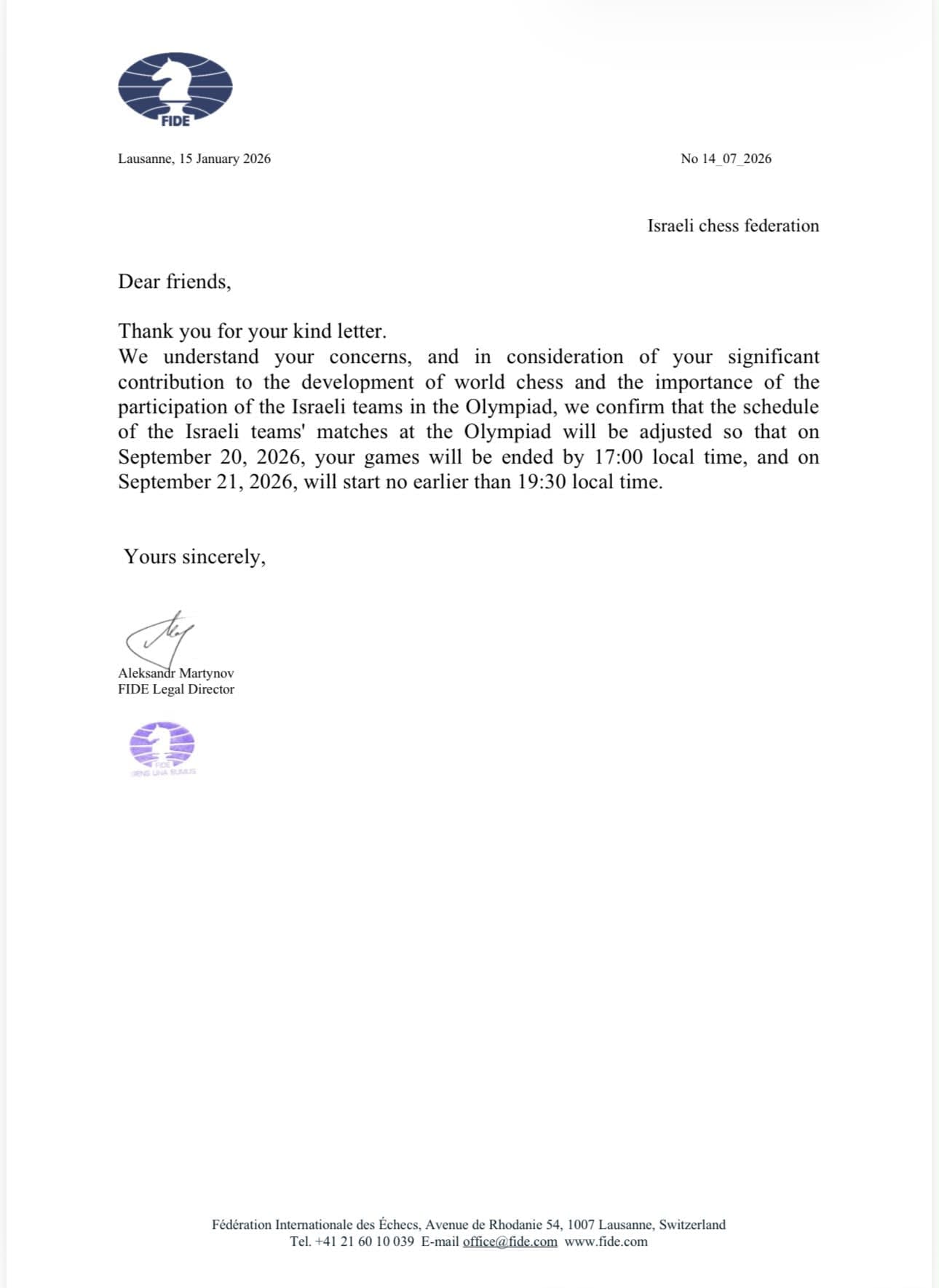 The letter from the International Chess Federation pledging to accomodate the Israeli team's inability to compete on Yom Kippur.
