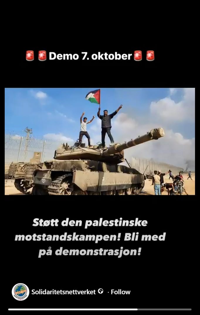 Norway's Peace and Justice (FOR) political party advertise an upcoming October 7 event on social media.