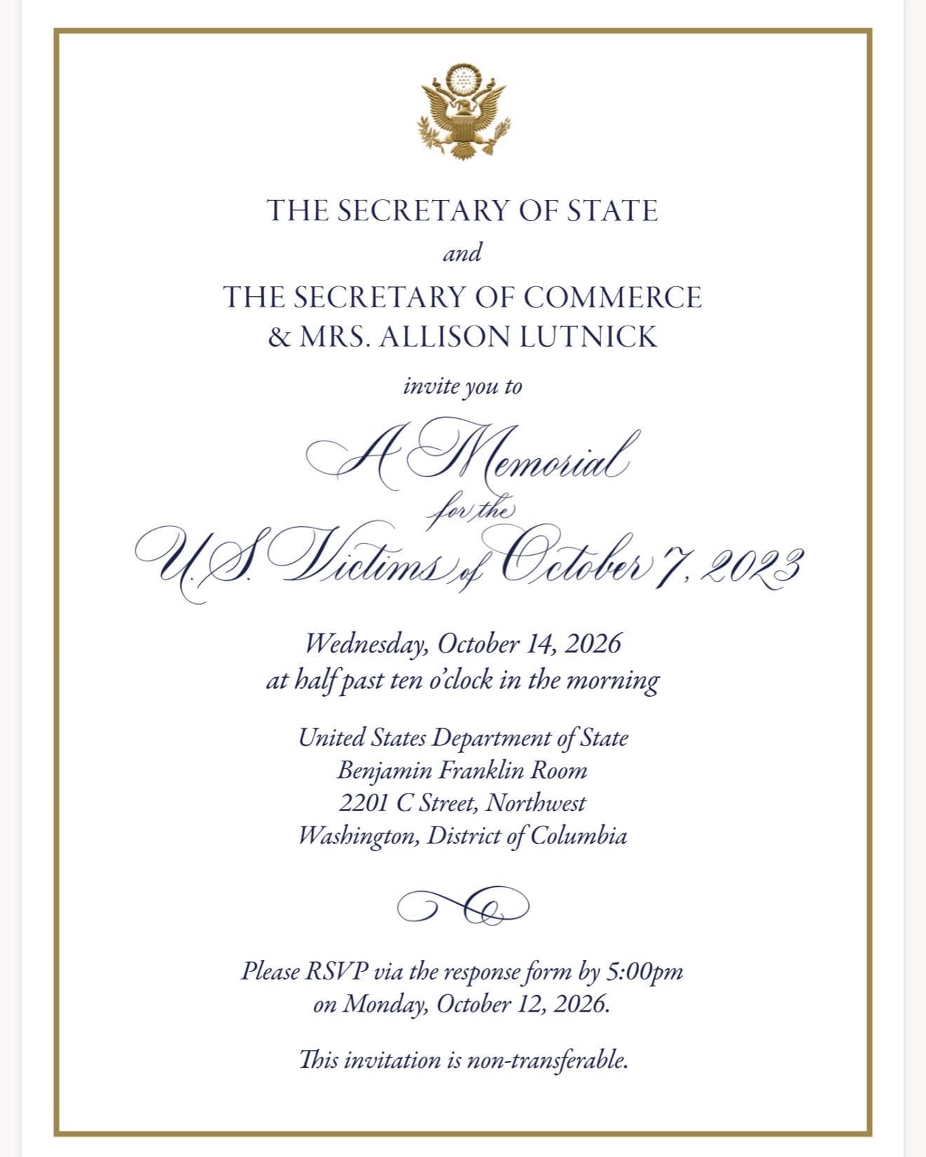 The invitation to the US-Israeli hostage relatives event at the State Department's Benjamin Franklin Room.