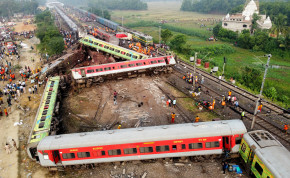 A drone view shows derailed coaches after two passenger trains collided in Balasore district in the eastern state of Odisha, India, June 3, 2023.