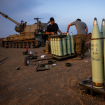  Israeli reserve soldiers seen at their artillery unit stationed near the Israeli-Gaza border, in southern Israel, November 13, 2023.