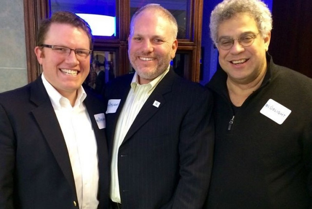 From left to right, Aaron Keyak, JFNA's William Daroff and Steve Rabinowitz at the soft launch of Bluelight Strategies (credit: Courtesy)