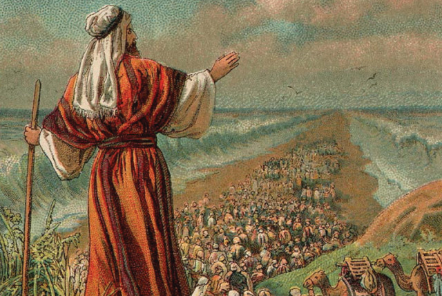 THE PARTING of the Red Sea during the Jewish nation’s escape from Egypt, an illustration from a Bible card published 1907 by the Providence Lithograph Company (credit: Wikimedia Commons)