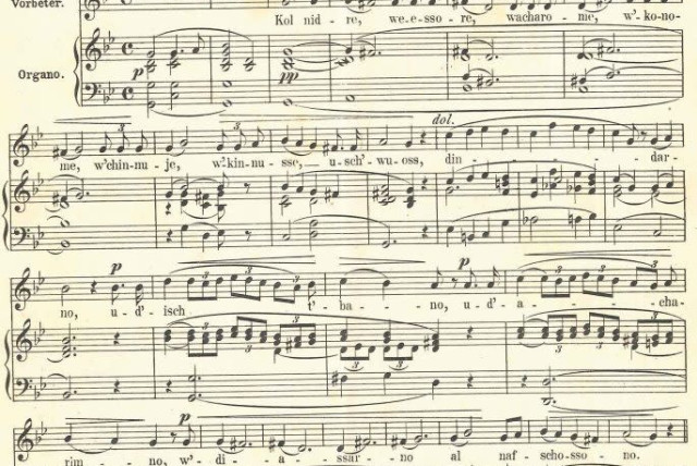 The notes to Louis Lewandowsky’s version of Kol Nidre, taken from “Todah W’Simrah”, Louis Lewandowsky (credit: E. BOTE & G. BOCK. 1876 – THE NATIONAL LIBRARY)