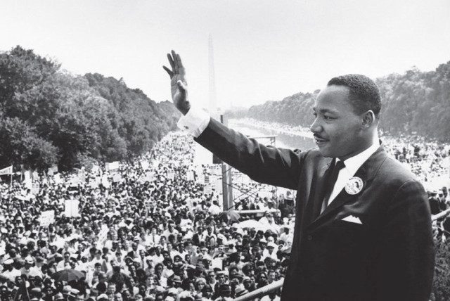 DR. MARTIN Luther King, Jr. addresses the crowd from the steps of the Lincoln Memorial, during the March on Washington on August 28, 1963. (credit: Wikimedia Commons)