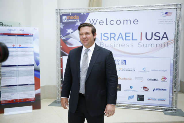 Florida Governor Ron DeSantis addresses the Israel-USA Business Summit 2019, May 29, 2019 (credit: OHAD GIGI)