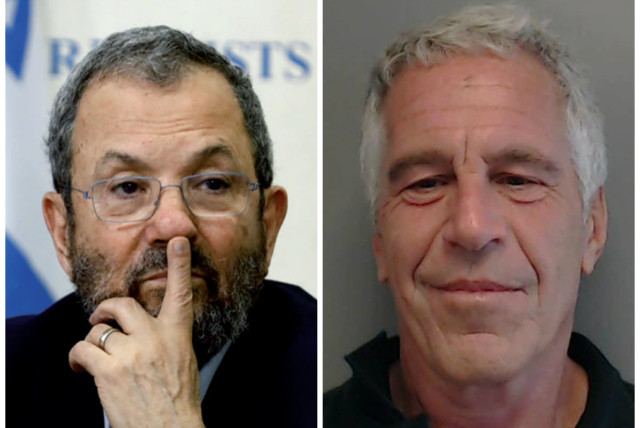 Ehud Barak and Jeffrey Epstein (credit: CORINNA KERN/REUTERS)