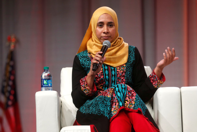 Zahra Billoo, Executive Director, Council on American Islamic Relations (San Francisco) addresses the audience during a panel discussion titled 'Dismantling All Forms Of Oppression' during the three-day Women's Convention at Cobo Center in Detroit, Michigan, U.S., October 28, 2017 (credit: REUTERS/REBECCA COOK)