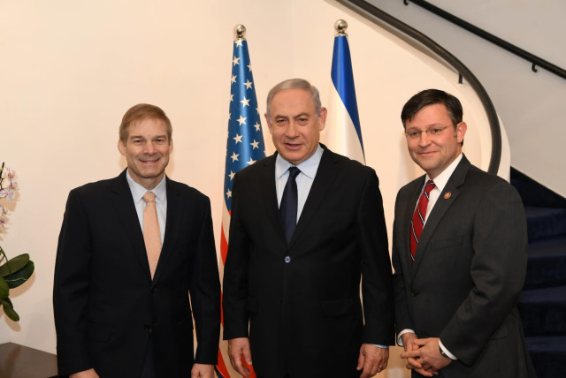 Prime Minister Benjamin Netanyahu with Republican congressmen Mike Johnson of Louisiana and Jim Jordan of Ohio (credit: AMOS BEN-GERSHOM/GPO)