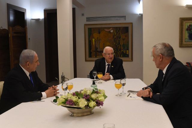 President Rivlin meets with Benjamin Netanyahu and Benny Gantz about forming an emergency unity government due to coronavirus (credit: KOBY GIDEON/GPO)