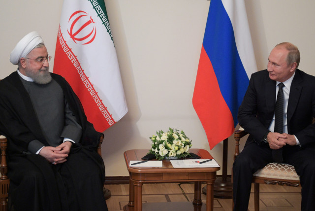 Russian President Vladimir Putin meets with Iranian President Hassan Rouhani on the sidelines of a session of the Supreme Eurasian Economic Council In Yerevan, Armenia October 1, 2019 (credit: SPUTNIK/ALEXEI DRUZHININ/KREMLIN VIA REUTERS)