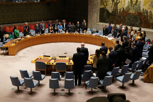 Members of the United Nations Security Council observe a moment of silence at the beginning of a meeting about Afghanistan at United Nations Headquarters in the Manhattan borough of New York City, New York, U.S., March 10, 2020 (credit: REUTERS/CARLO ALLEGRI)