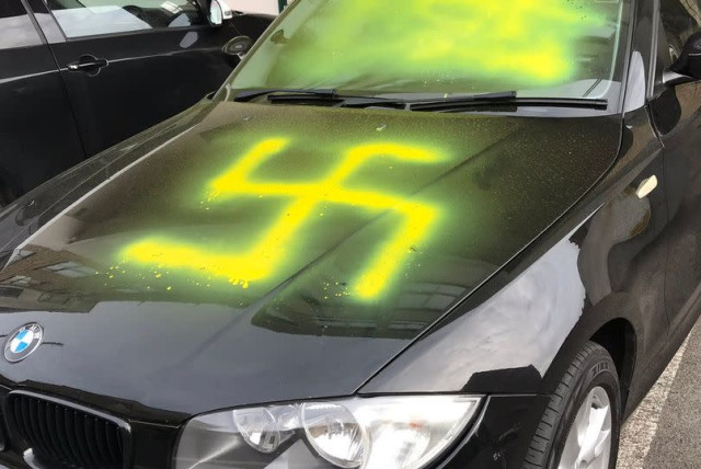 Swastika found painted on the hood of BMW in Bristol, England on Yom Kippur. (credit: WORLD ZIONIST ORGANIZATION)