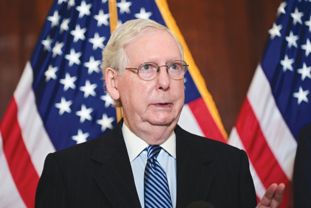 US SENATE Majority Leader Mitch McConnell speaks after the Senate GOP leadership election on Capitol Hill in Washington on Tuesday. (credit: ERIN SCOTT/REUTERS)