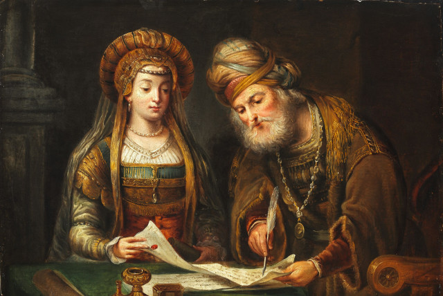 ‘Esther and Mordecai’ by Aert de Gelder, a student of Rembrandt, which  is now in the Museum of Fine Arts in Budapest. (credit: Wikimedia Commons)