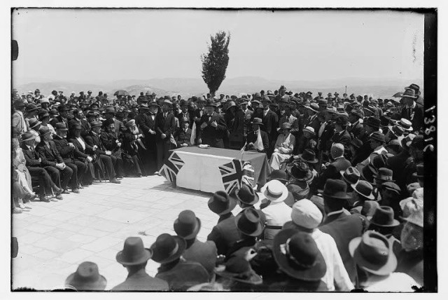 Winston Churchill speaking at the tree planting ceremony on the future site of the Hebrew University in Jerusalem, 28 March 1921  (credit: AMERICAN COLONY PHOTO DEPT. / LIBRARY OF CONGRESS)