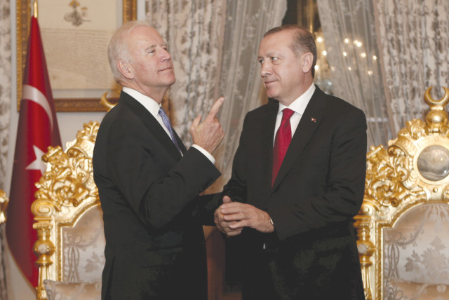 TURKISH PRESIDENT Recep Tayyip Erdogan and then-US vice president Joe Biden chat after their meeting in Istanbul in 2016.  (credit: REUTERS)