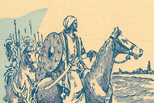  A drawing of General Khalid ibn al-Walid heading the Muslim Army during the Battle of Yarmuk. (credit: Wikimedia Commons)