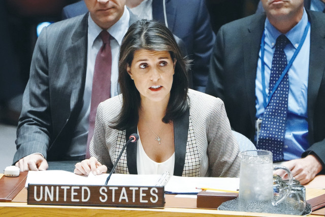  THEN-US ambassador to the United Nations Nikki Haley speaks during a meeting of the United Nations Security Council in 2018. (credit: CARLO ALLEGRI/REUTERS)