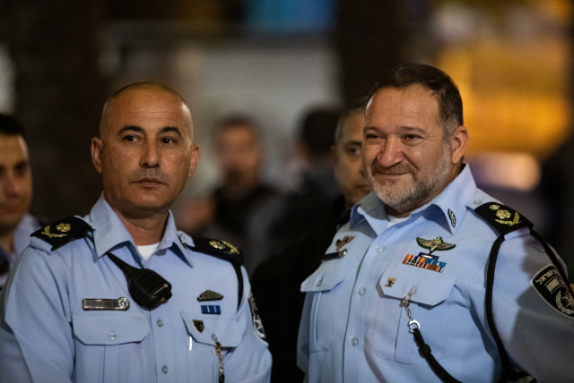 Israel Police Chief Kobi Shabtai and head of Jerusalem police district Doron Turgeman meet with press near the Damascus gate, following the recent days of clashes between jewish right-wing extremists and Palestinians, April 24, 2021 (credit: YONATAN SINDEL/FLASH90)