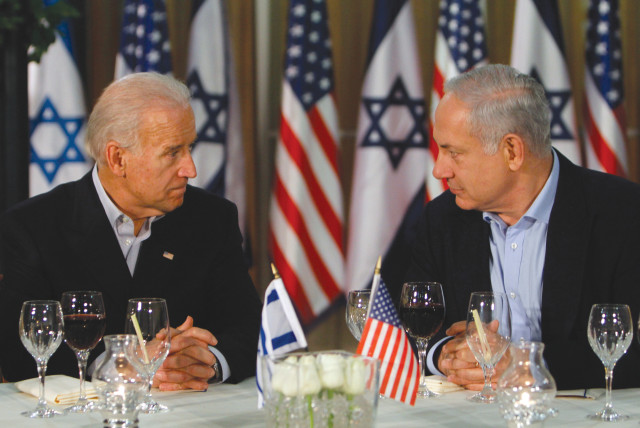  US PRESIDENT Joe Biden, at the time serving as vice president, has dinner with then-prime minister Benjamin Netanyahu in Jerusalem, during his visit to Israel in 2010.  (credit: MIRIAM ALSTER/FLASH90)