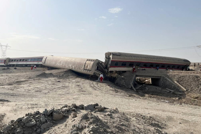  A train after derailment is seen near Tabas, Yazd province, Iran June 8, 2022. (credit: Iranian Red Crescent/WANA (West Asia News Agency)/Handout via REUTERS)