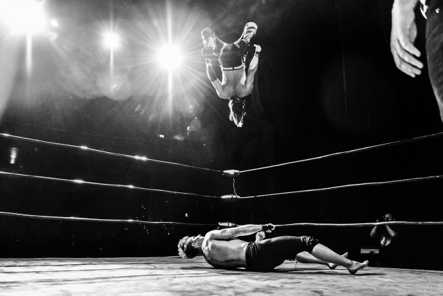 Israeli wrestler Yuval Goldshmit sets up the shooting star press on Cara Noir. (credit: Max Stranger)