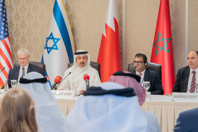  Representatives of the UAE, US, Israel, Bahrain Morocco and Egypt at the Steering Committee of the Negev Forum, June 27, 2022.  (credit: BAHRAIN MINISTRY OF FOREIGN AFFAIRS)