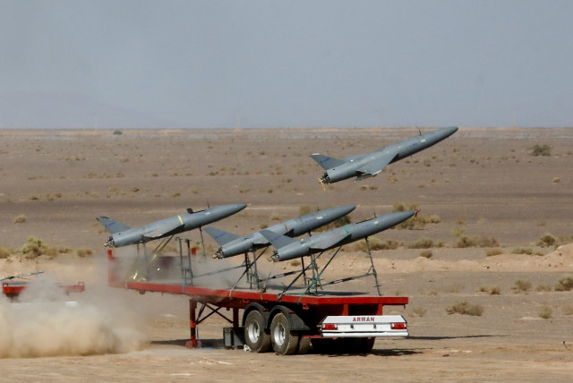  A drone is launched during a military exercise in an undisclosed location in Iran, in this handout image obtained on August 25, 2022. (credit: IRANIAN ARMY/WANA/REUTERS)
