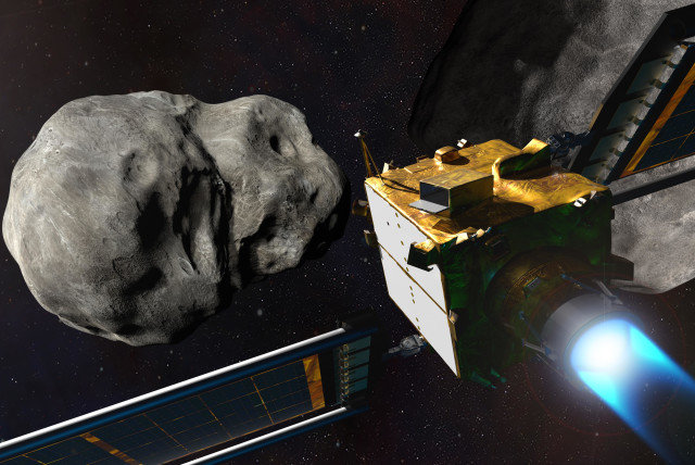  This illustration depicts NASA's Double Asteroid Redirection Test (DART) spacecraft prior to impact at the Didymos binary asteroid system. DART's target asteroid is the moonlet Dimorphos, which orbits the larger asteroid Didymos; the pair are not a threat to Earth. (credit: NASA/Johns Hopkins APL/Steve Gribben)