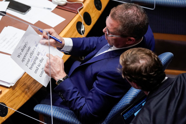Israel ambassador to the UN Gilad Erdan prepares his intervention during the security council meeting due to the situation in Middle East and Palestine, at the United Nations headquarters in New York, US, August 8, 2022. (credit: REUTERS/EDUARDO MUNOZ)