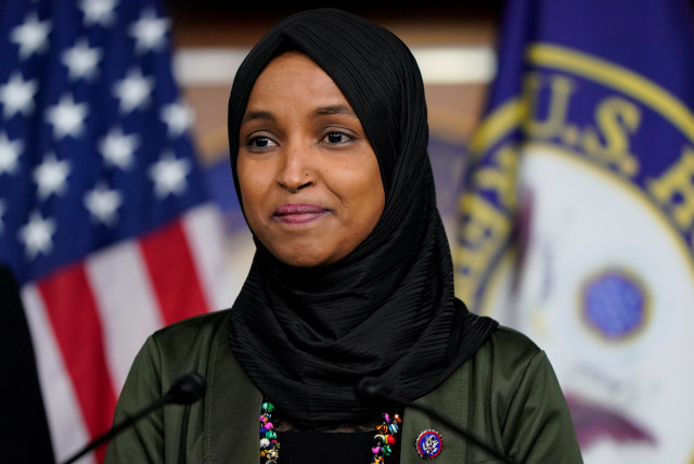 US Representative Ilhan Omar (D-MN) attends a news conference addressing the anti-Muslim comments made by Representative Lauren Boebert (R-CO) towards Omar, on Capitol Hill in Washington, US, November 30, 2021. (credit: REUTERS/ELIZABETH FRANTZ)