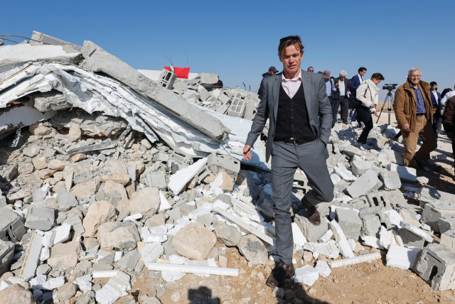  AMBASSADOR OF the European Union in Palestine Sven Kuhn von Burgsdorff walks near rubble during a visit to a school demolished by Israel, in Masafer Yatta near Hebron, last week (credit: MUSSA QAWASMA/REUTERS)