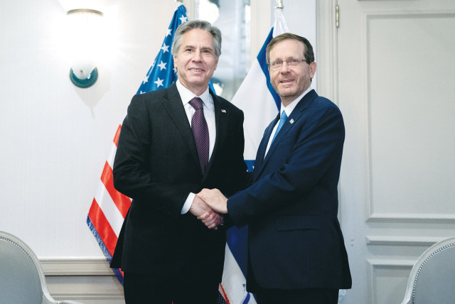  US SECRETARY of State Antony Blinken meets President Isaac Herzog in Washington in October. This month at the J Street conference, Blinken praised Israel’s democratic elections and congratulated Prime Minister Benjamin Netanyahu on his victory. (credit: STEFANI REYNOLDS/REUTERS)