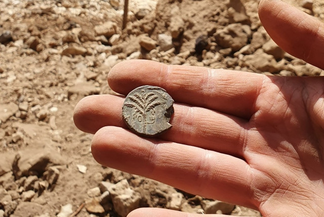 A coin from the Bar Kochba revolt found during an archaeological dig in Murabba'at caves in the Nahal Darga Reserve in the Judean Desert. (credit: COURTESY OF IAA ROBBERY PREVENTION UNIT)